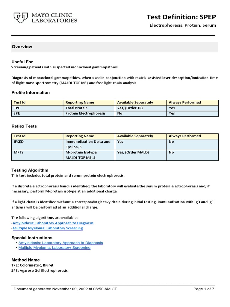 MAYO Test Information SPEP PDF Chemistry Medical Specialties