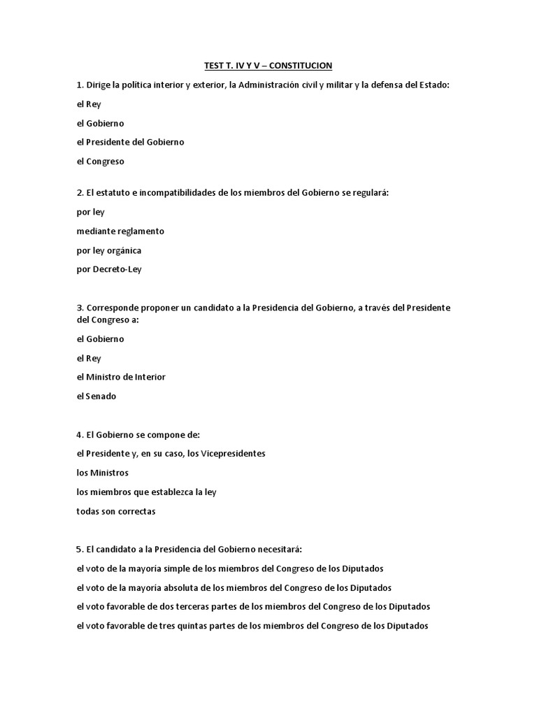 Test Constitución Española | PDF | Gobierno de españa | Legislador
