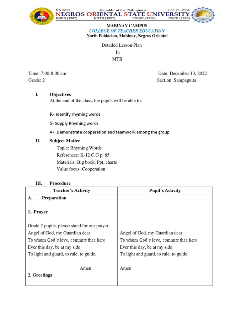 Grade 2 Lesson Plan on Rhyming Words | PDF | Alphabet | Linguistics