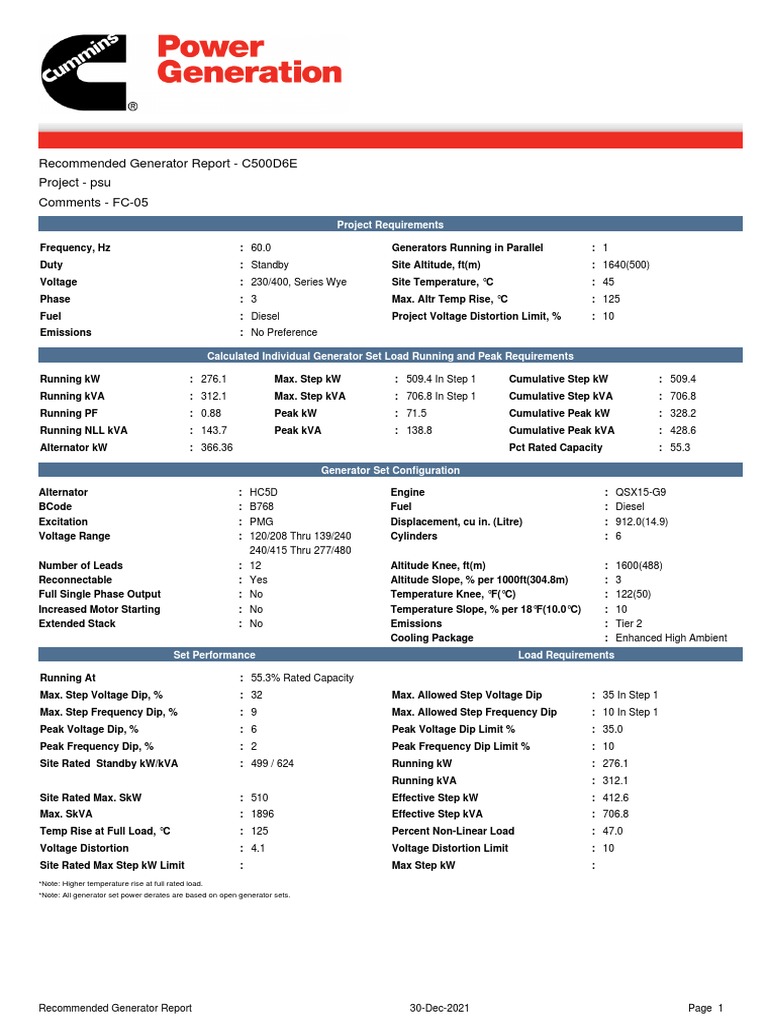 Generator Report for C500D6E Model | PDF | Diesel Engine | Power ...