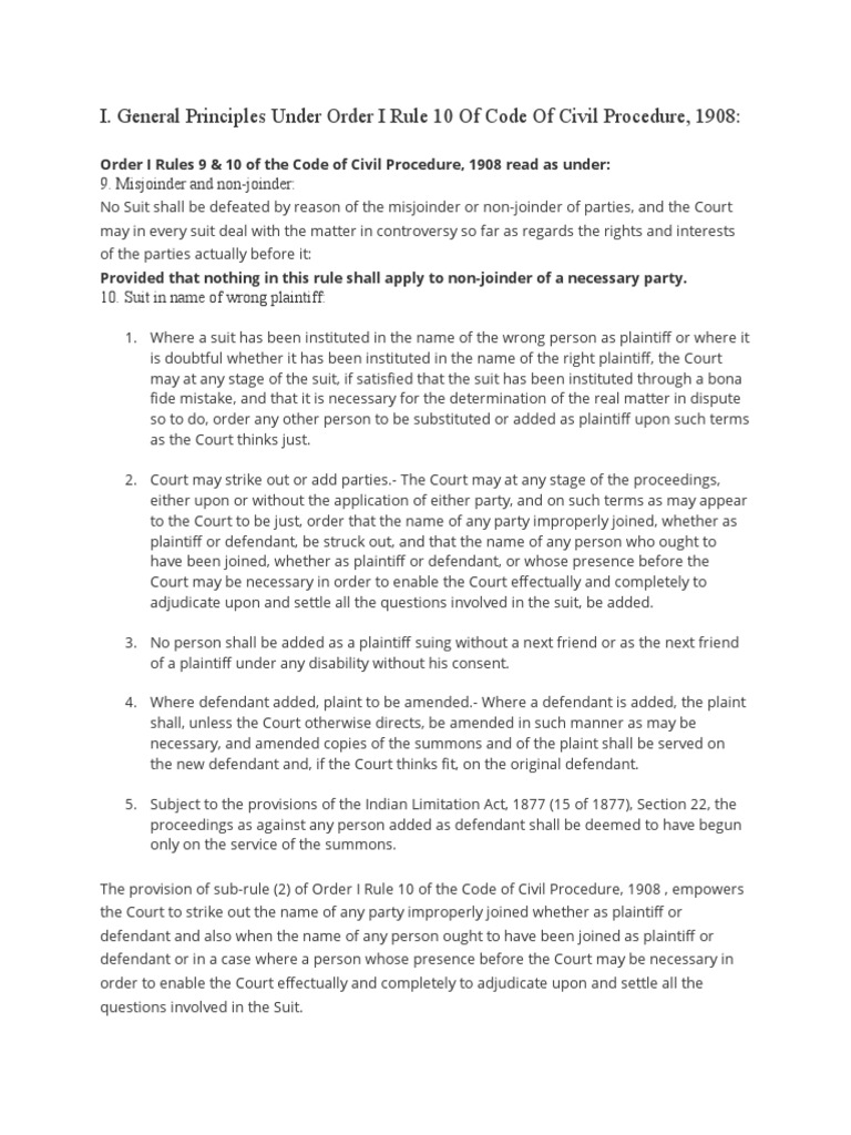 Order 1 rule10 of cpc implead rules pdf lawsuit adjudication