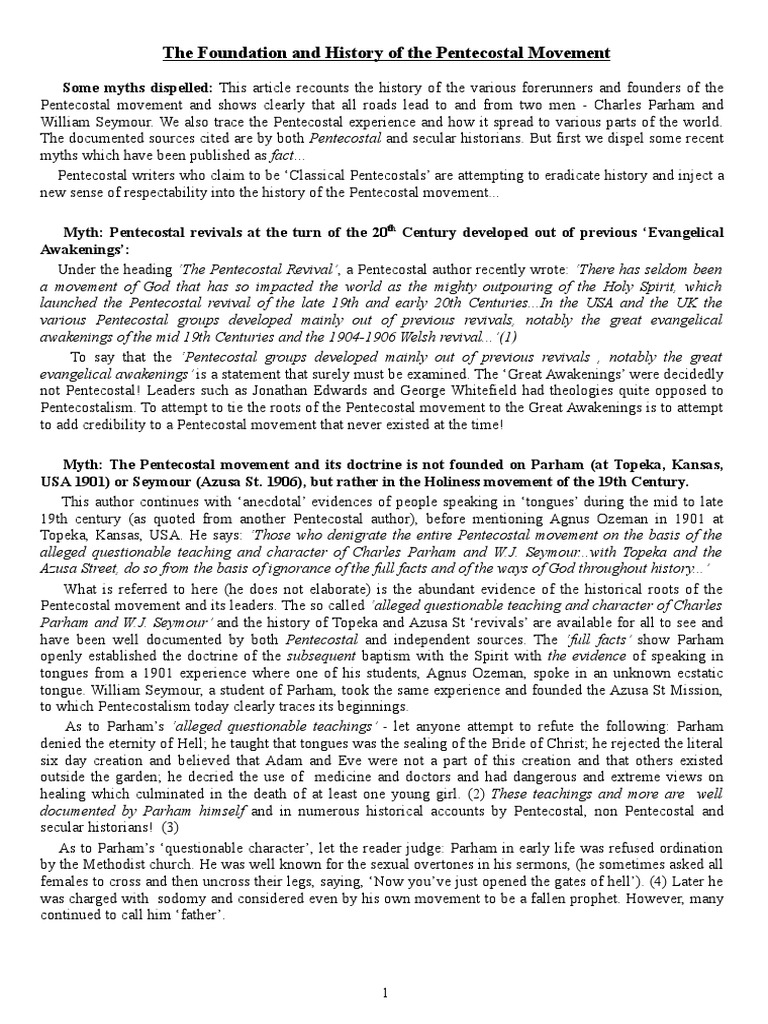 Origins of the Pentecostal Movement | PDF | Pentecostalism | Holiness ...