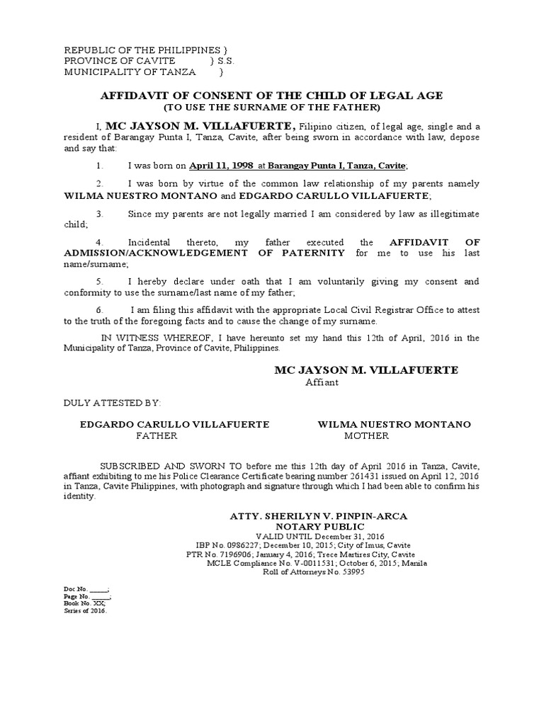 AFFIDAVIT Consent To Use The Surname of Father HIS | PDF | Affidavit ...