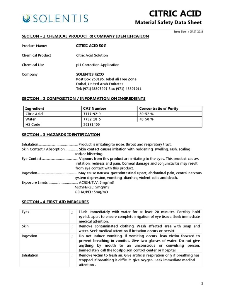 Msds citric acid pdf personal protective equipment combustion