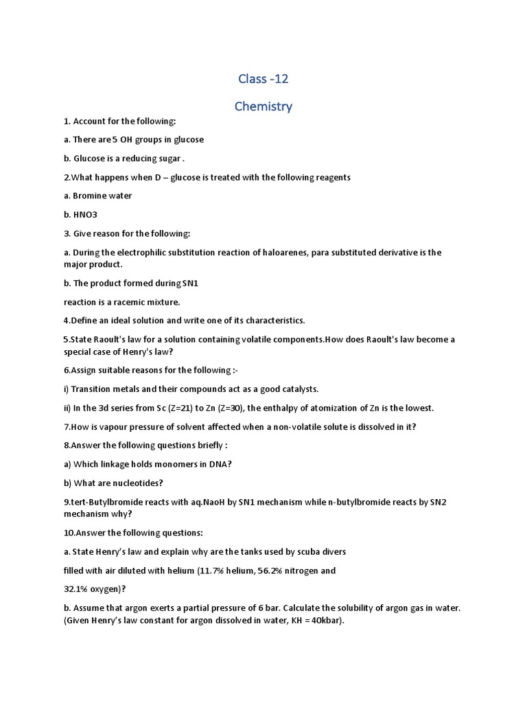 Class - 12 Chemistry | PDF | Chemical Reactions | Coordination Complex
