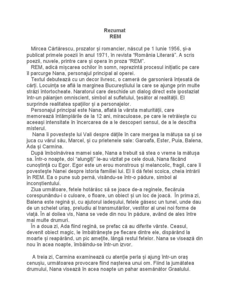 Rem Cartarescu Rezumatul Operei Rem Scris de Mircea Cartarescu | PDF