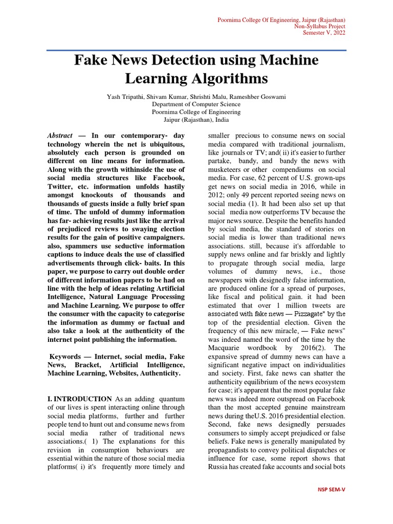 research paper on fake news detection using machine learning