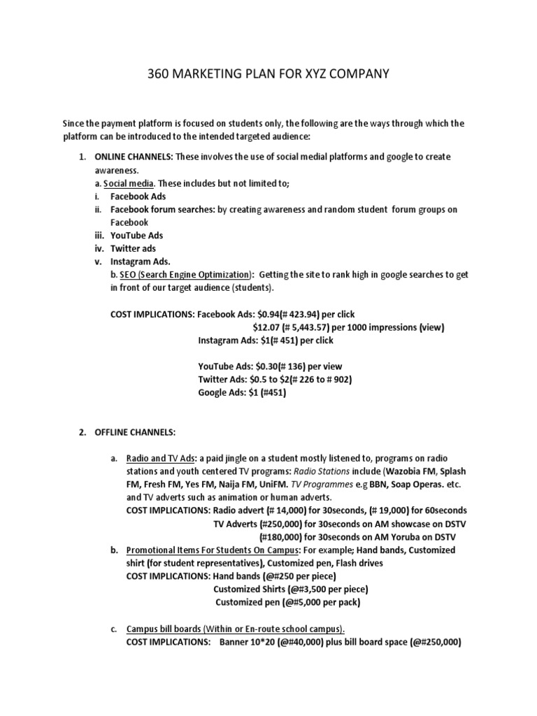 360 Marketing Plan For Xyz Company PDF Advertising Television