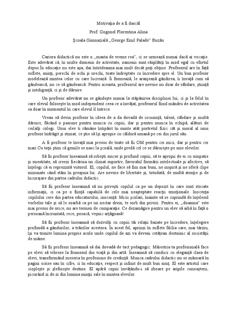 Motivatia de A Fi Dascal | PDF