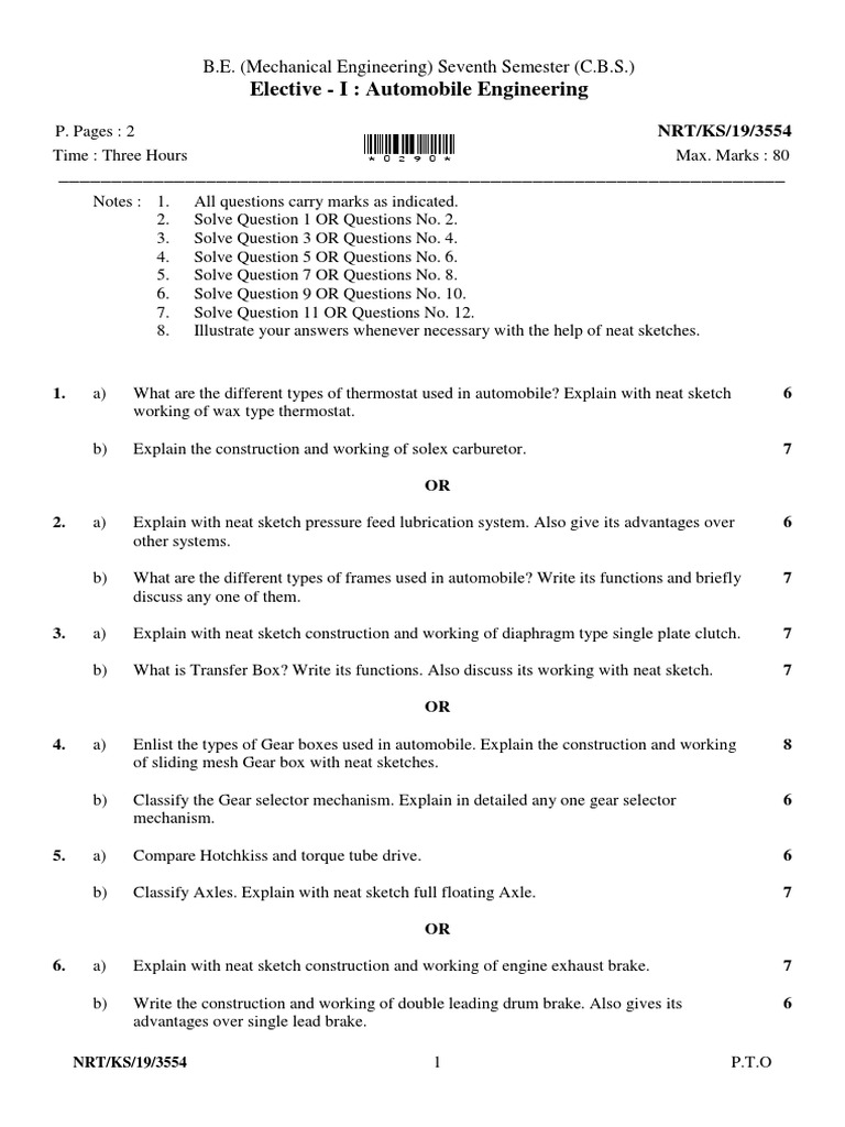 B Tech Question Paper 3 PDF Steering Gear