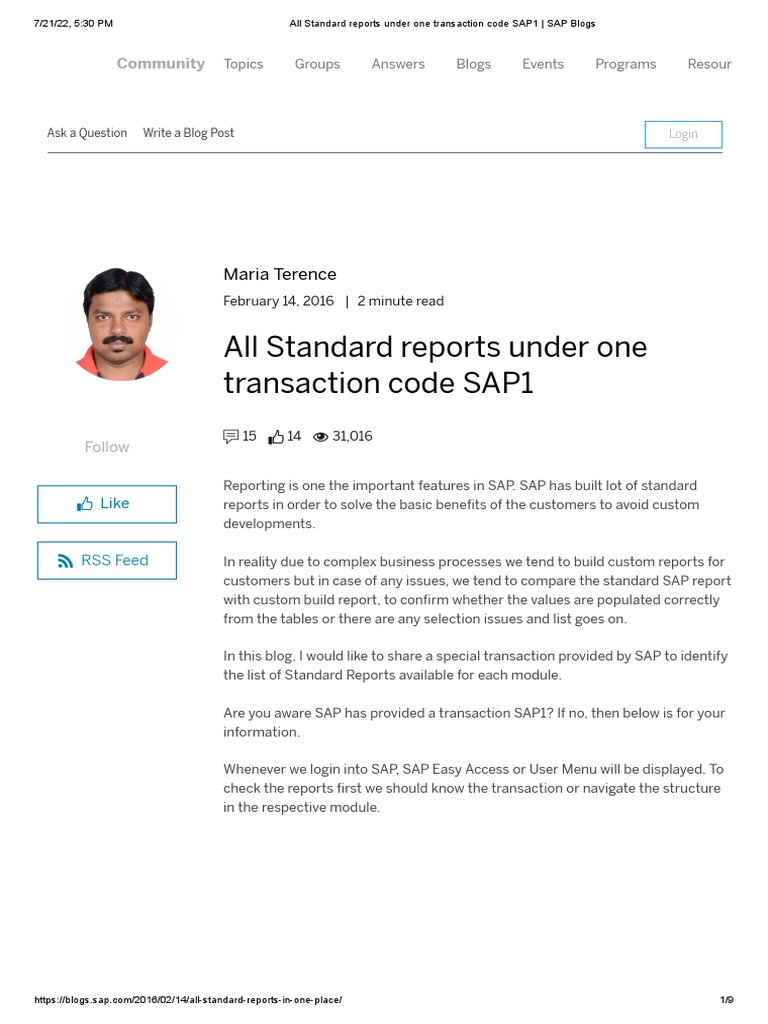 All Standard Reports Under One Transaction Code SAP1 - SAP Blogs | PDF ...