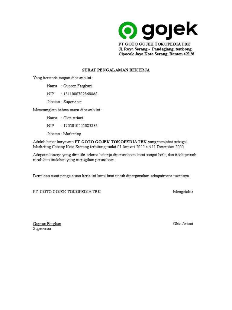 Surat Pengalam Kerja | PDF