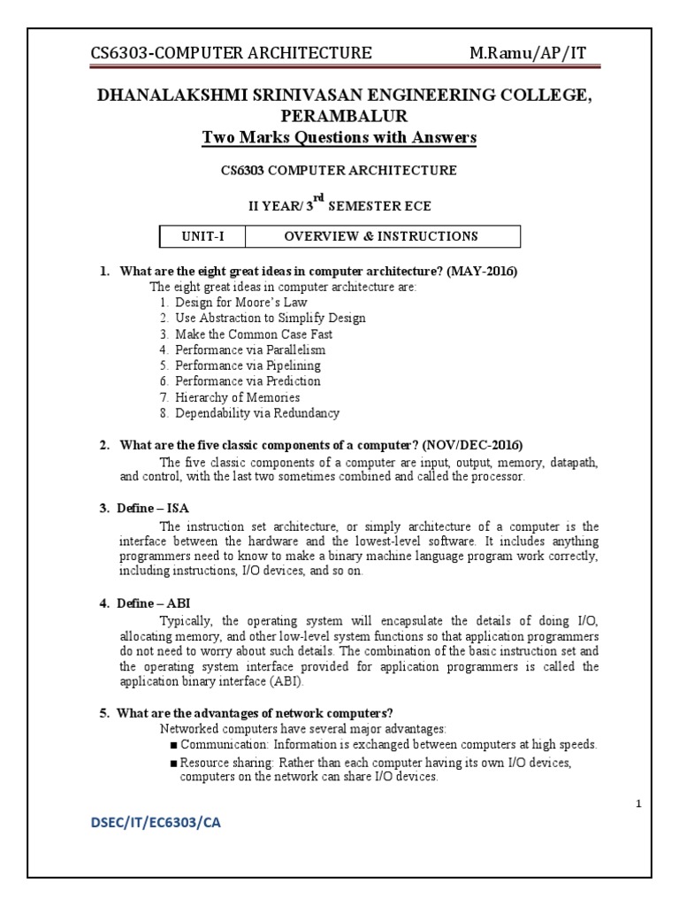 CS6303 Computer Architecture 2 | PDF | Input/Output | Central ...