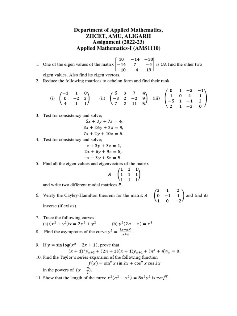 Applied Mathematics Assignment 2022-23 | PDF | Eigenvalues And ...