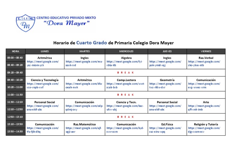 Cuarto Grado Horario - Colegio Dora Mayer | PDF | Foreign Language ...