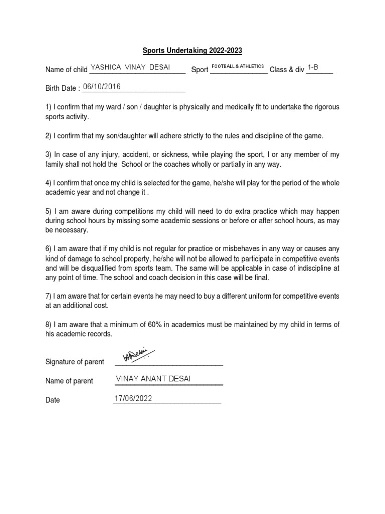 Sports Undertaking Form 2022-2023 | PDF | Wellness