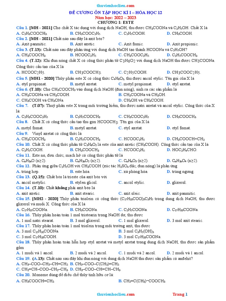 De Cuong On Tap Hoa 12 HK1 Nam 2022 2023 | PDF