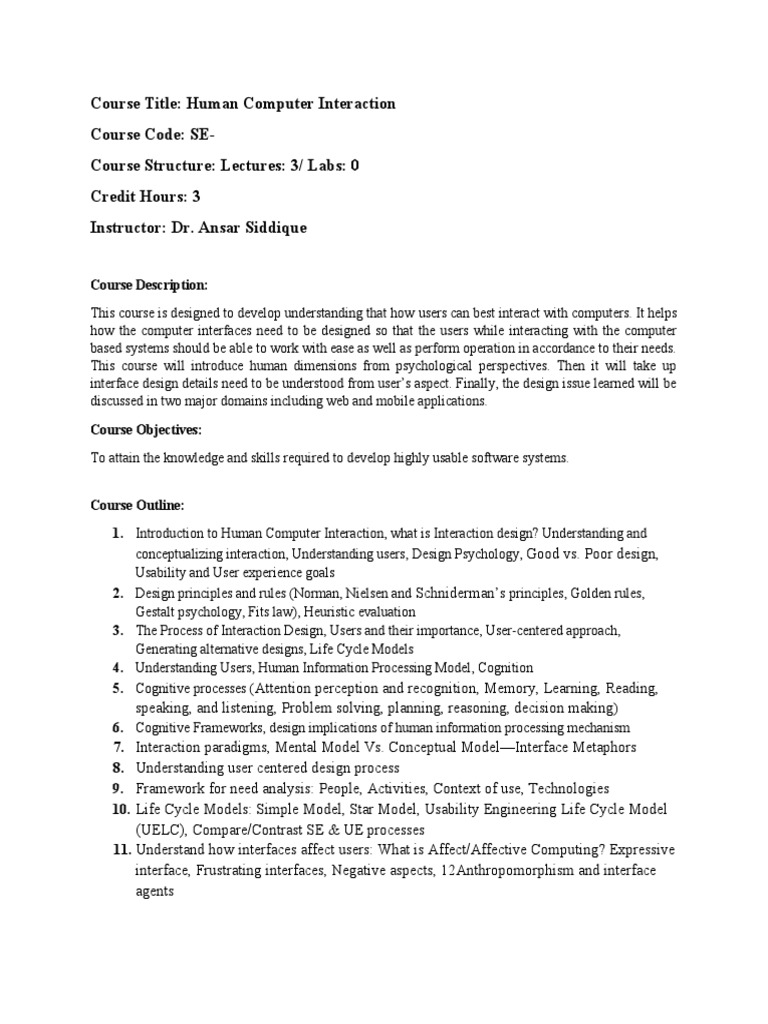 HCI Course Outline-DSE-UoG | PDF | Usability | Design