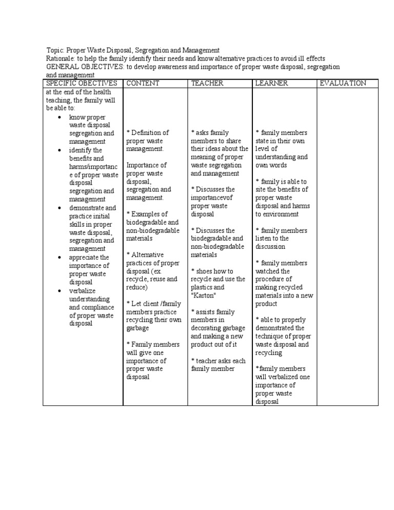 Teaching Plan Proper Waste