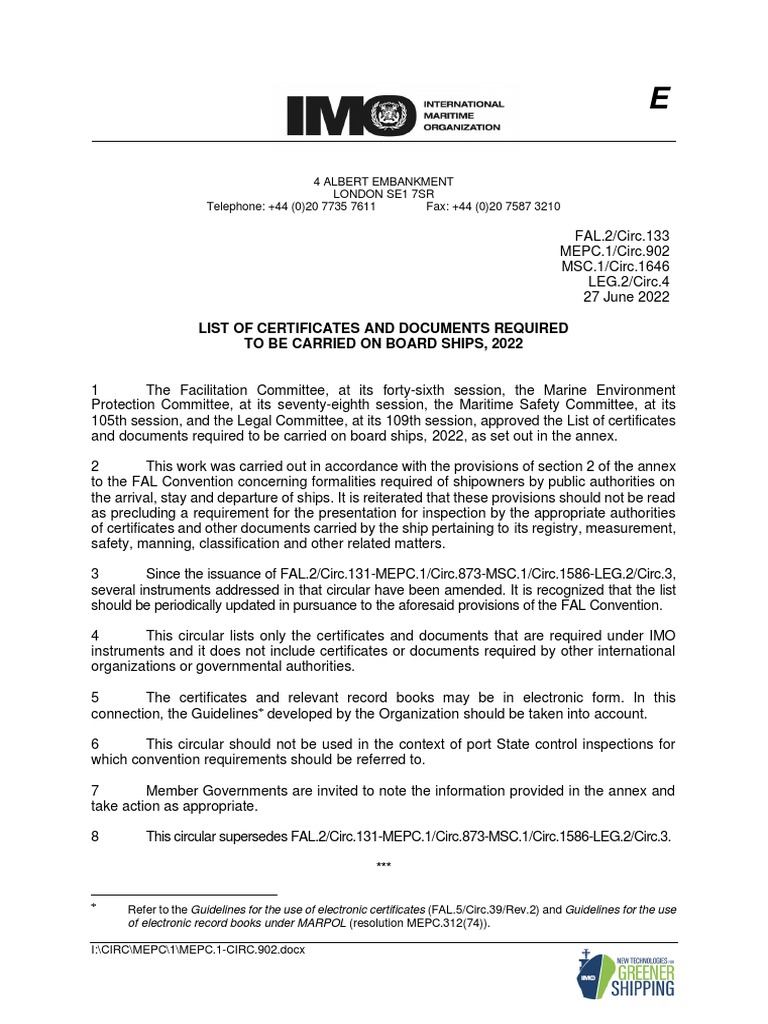 Mepc 1 circ 902 list of certificates and documents requiredto be