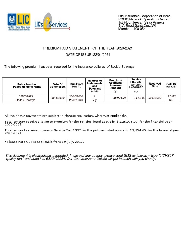 LIC Policy Sowmya 2020-2021 | PDF | Life Insurance | Insurance