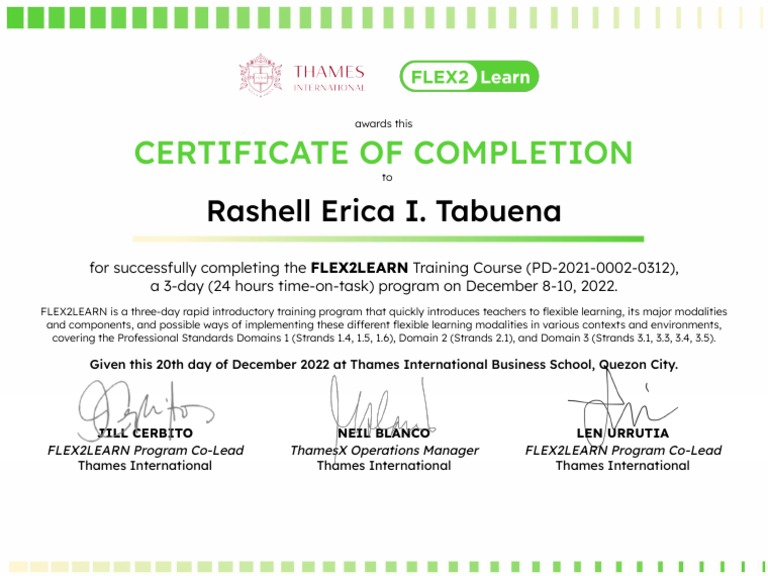 FLEX2LEARN Certificate of Completion - Rashell Erica I. Tabuena | PDF ...