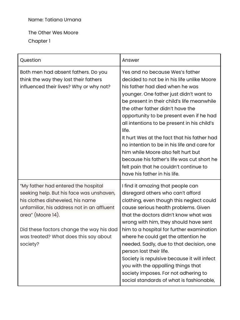 The Other Wes Moore Chapter 1 | PDF | Wellness