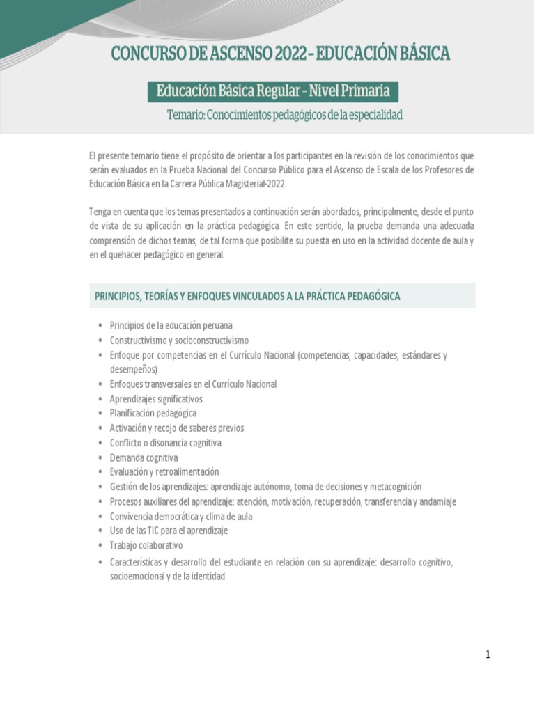 Temario Concurso Ascenso Docente 2022 | PDF | Plan de estudios | Perú
