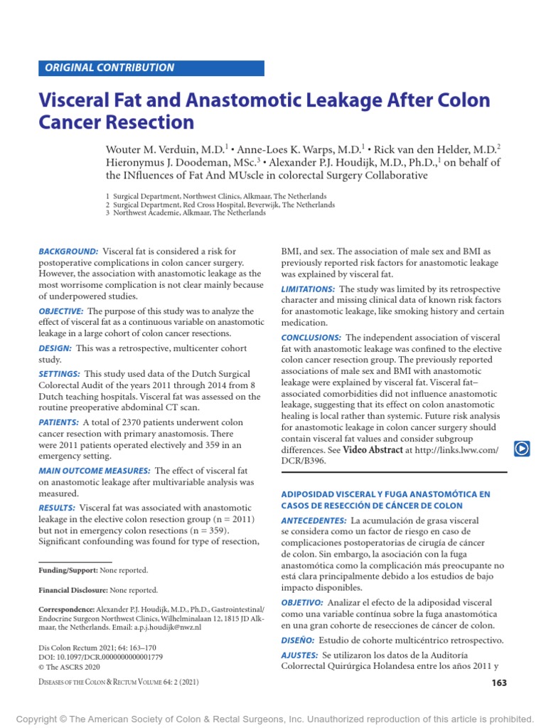 Visceral Fat and Anastomotic Leakage After Colon.7 PDF Colorectal