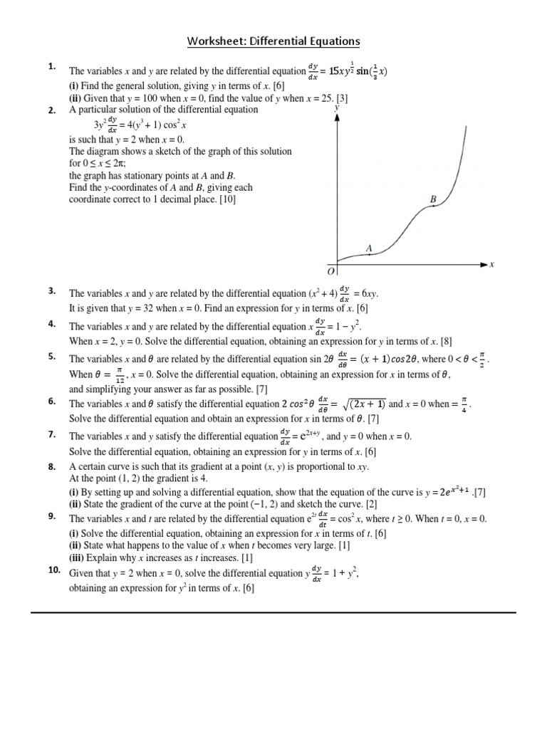 Worksheet Differential Equations PDF Equations Differential Equations