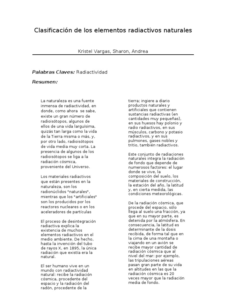 Clasificación de Los Elementos Radiactivos Naturales | PDF ...