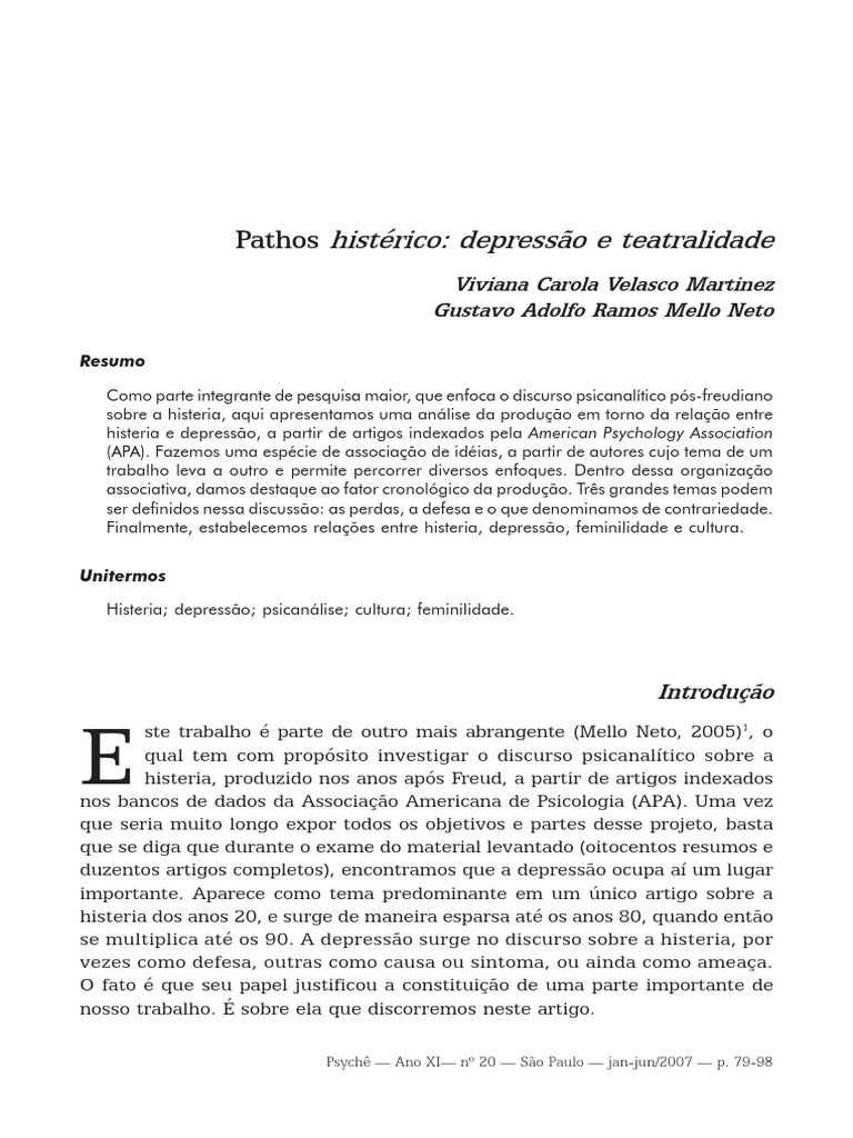 Artigo Sobre Psicanalise PDF Histeria Depressão