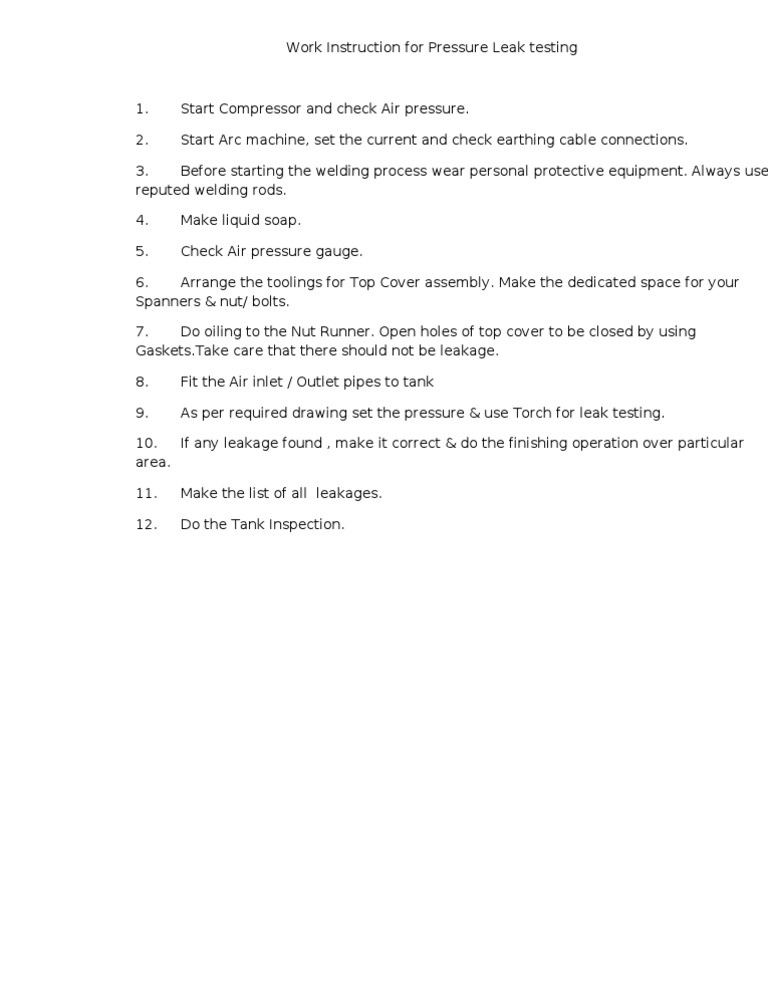Work Instruction For Pressure Leak Testing | PDF