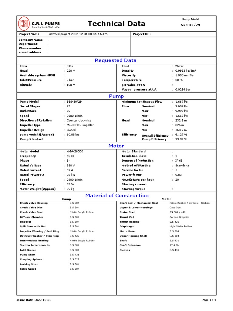 S6S-30/29 Pump Technical Data Sheet | PDF | Pump | Electric Motor