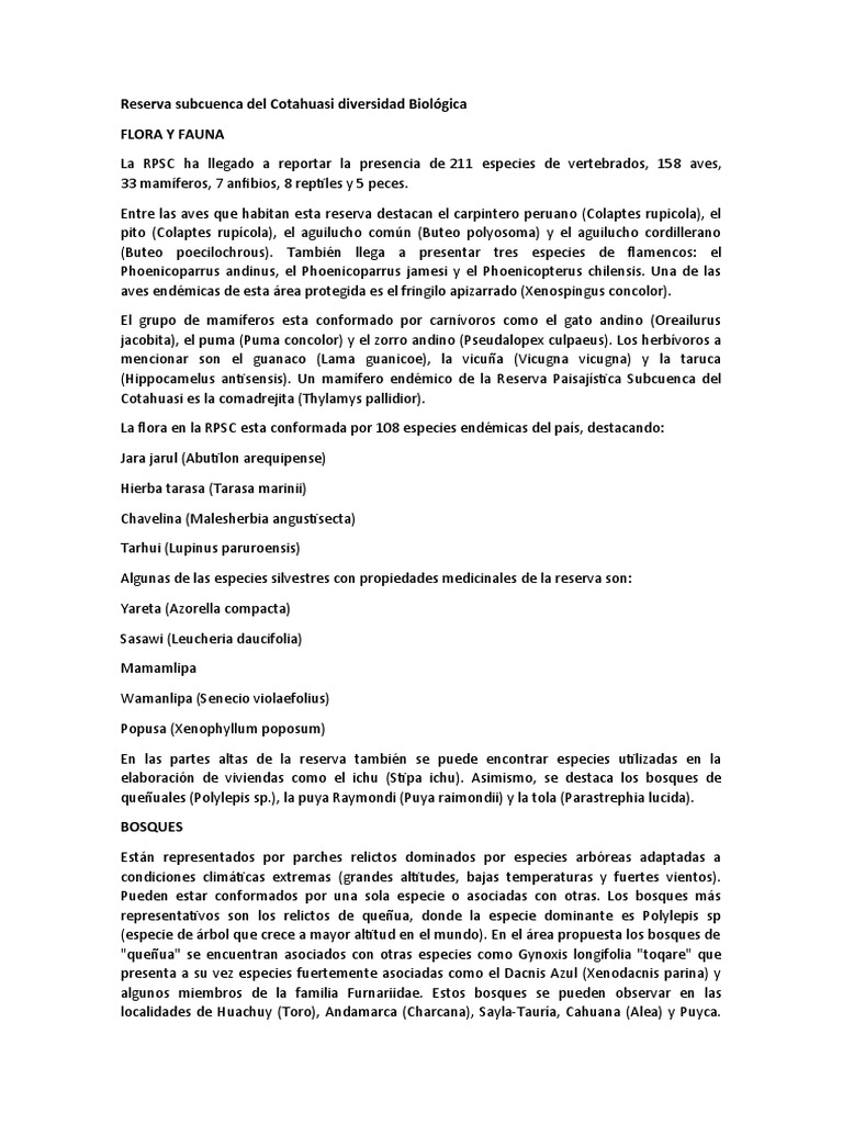 Reserva Subcuenca Del Cotahuasi Diversidad Biológica PDF Organismos