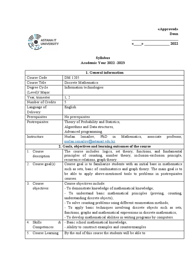 Syllabus for discrete mathematics course at astana it university for
