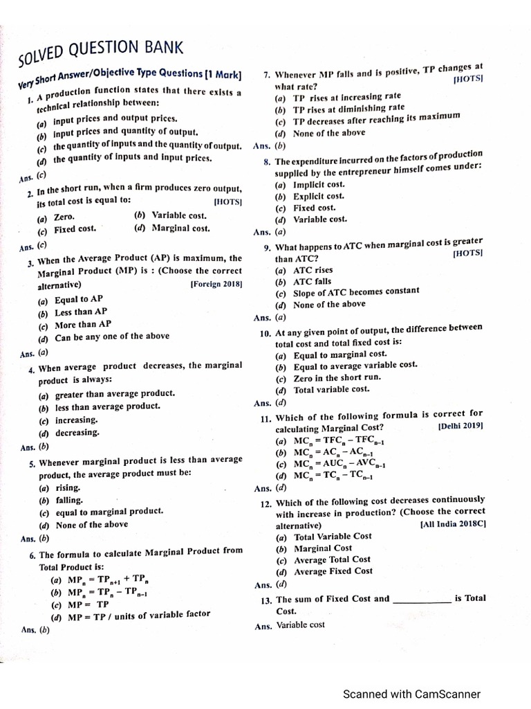 Mcqs Of Production Function Pdf