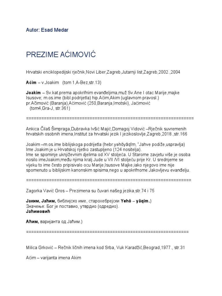 Prezime Aćimović | PDF