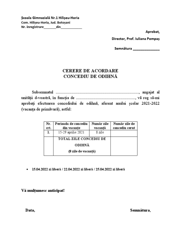 Cerere Concediu Odihna Cadre Didactice | PDF