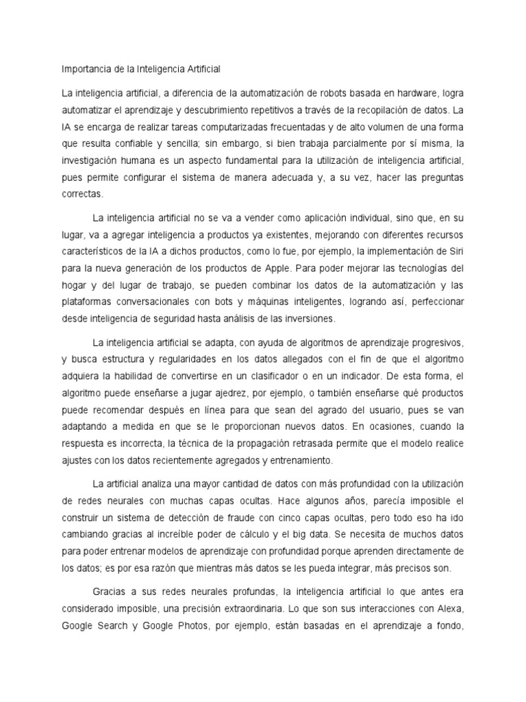 Importancia de La Inteligencia Artificial | PDF | Inteligencia ...