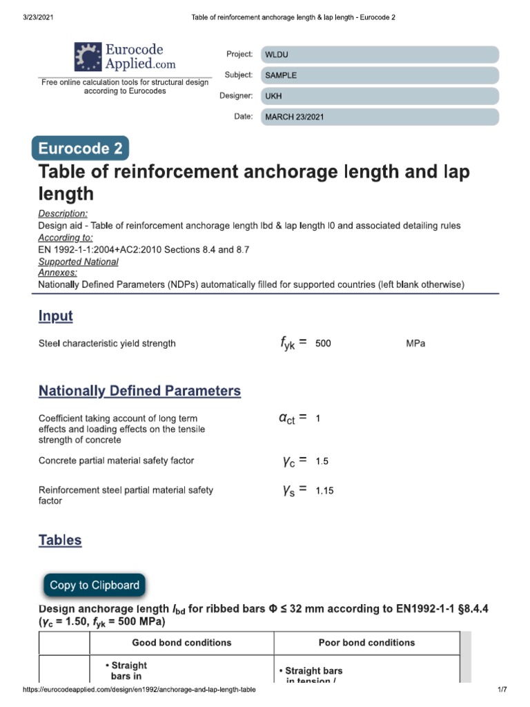 Table of Reinforcement Anchorage Length & Lap Length Eurocode 2 PDF