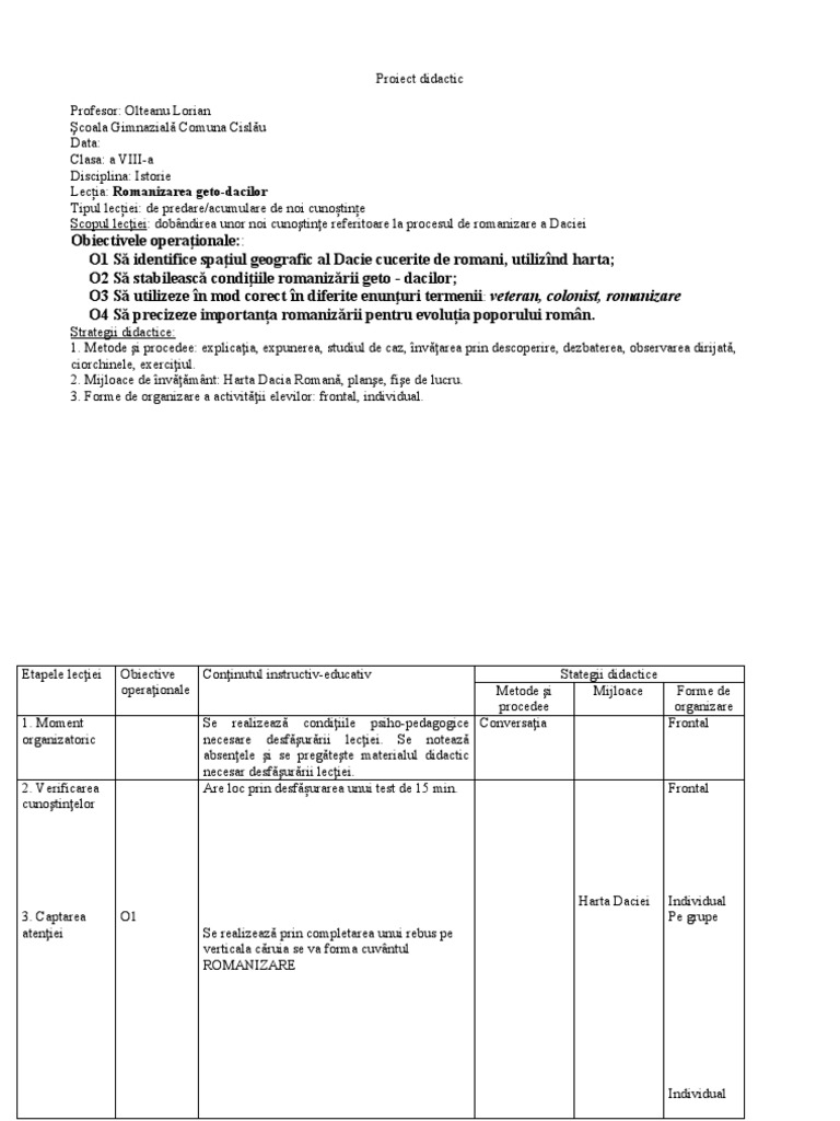 Proiect Didactic Romanizarea Metodist | PDF