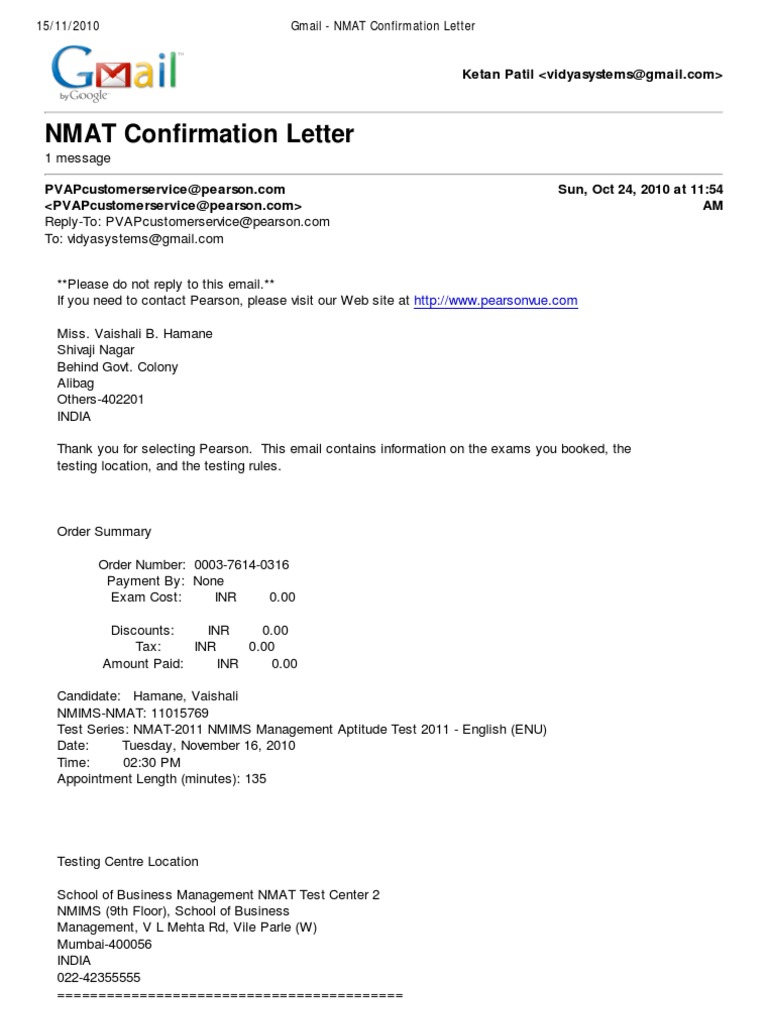Gmail NMAT Confirmation Letter Identity Document Driver's License
