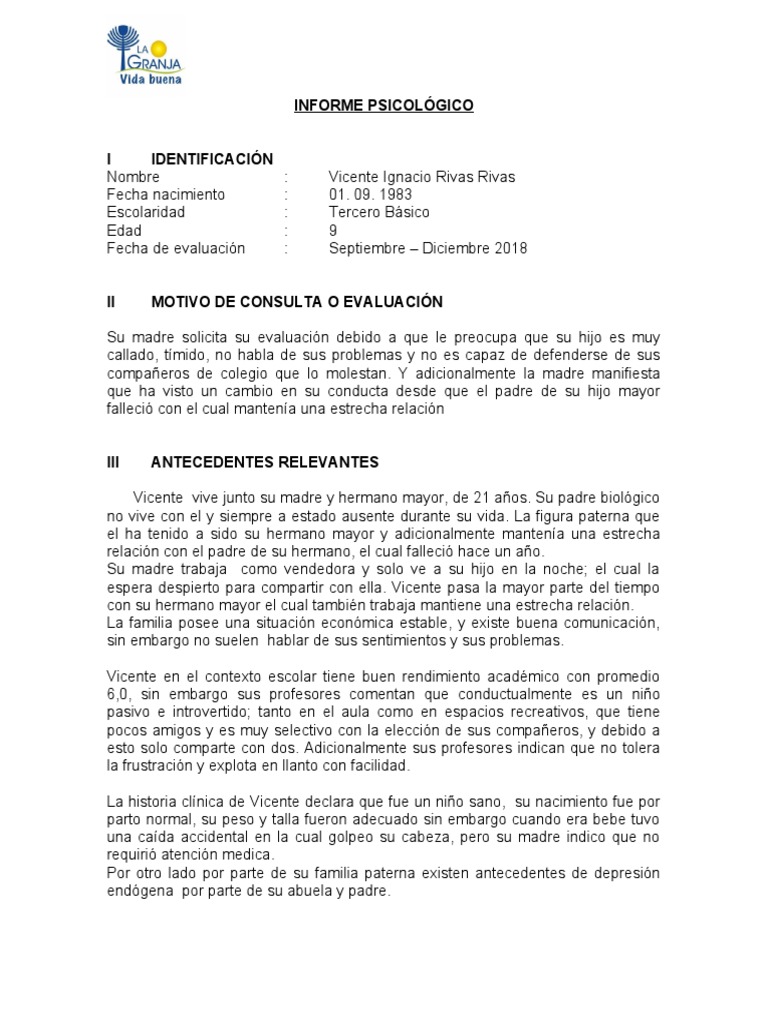 Informe Psicológico de Vicente Rivas | PDF | Las emociones | Dibujo