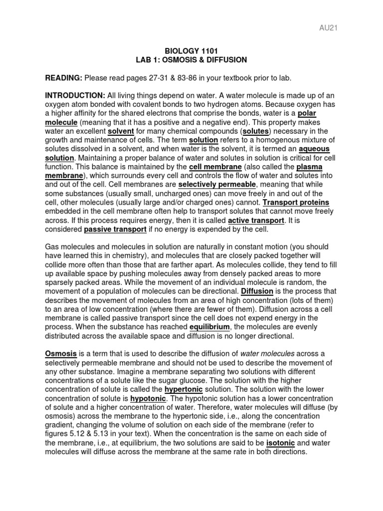 Lab 1 Osmosis & Diffusion AU21 PDF Nature Chemical Substances