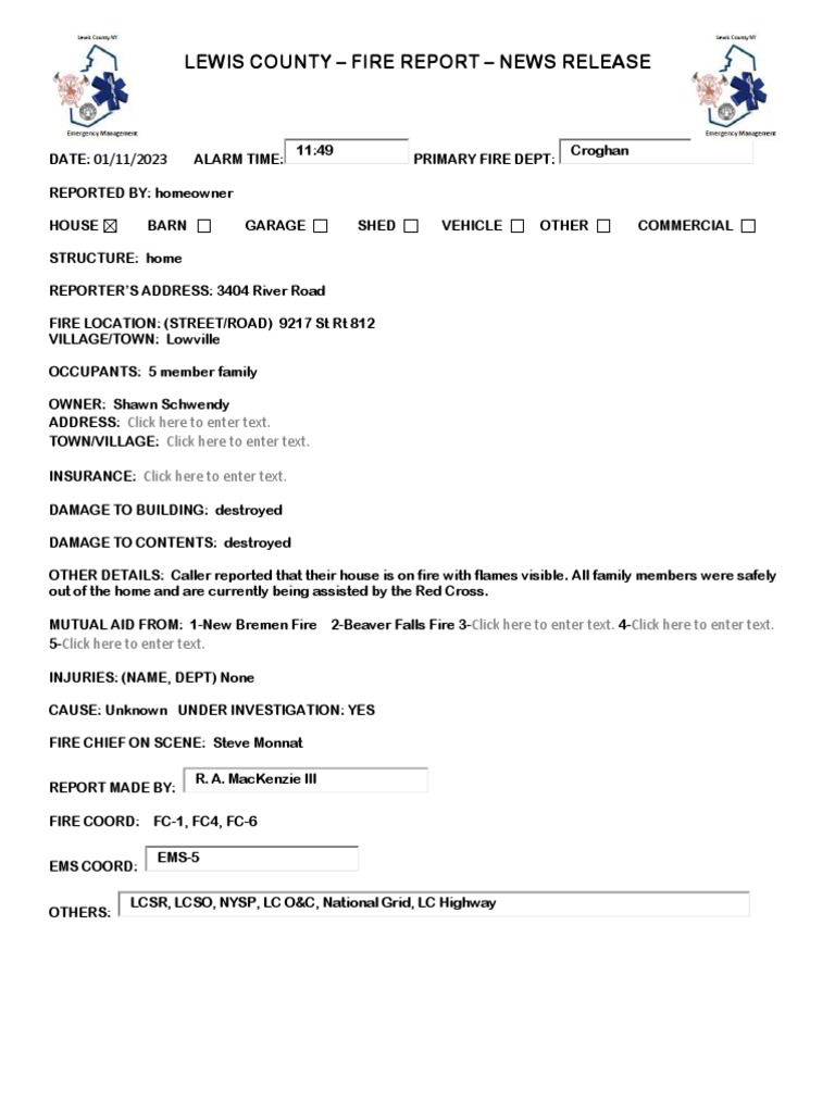 Lewis County Fire Report-9217 ST RT 812 Lowville 1.11.2023 | PDF