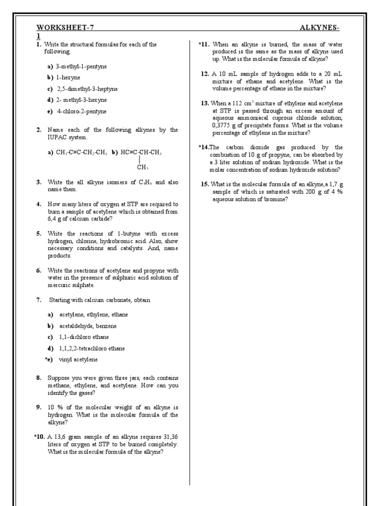 Worksheet07 Alkynes-1 | PDF
