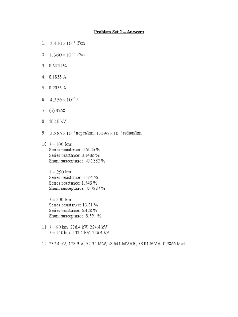 Problem Set 2 Solutions Electrical Circuit Calculations and Transmission Line Parameters PDF