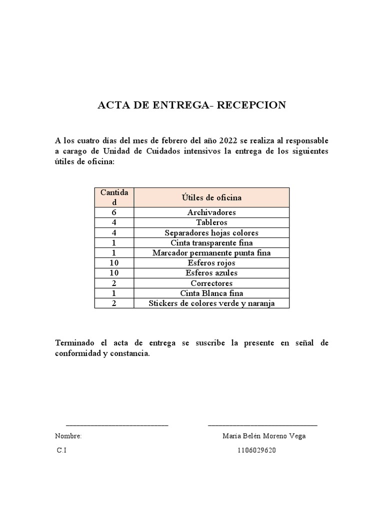 Acta de Entrega de Útiles de Oficina | PDF