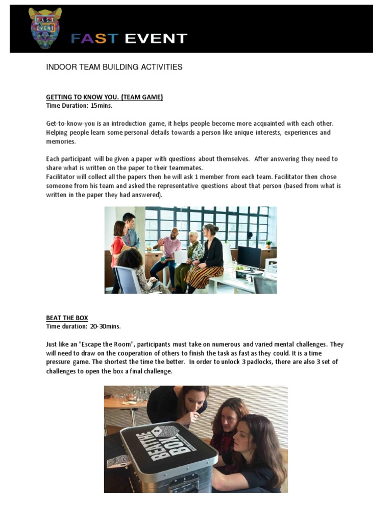 Indoor Team Building Activities Guide | PDF | Cognitive Psychology ...